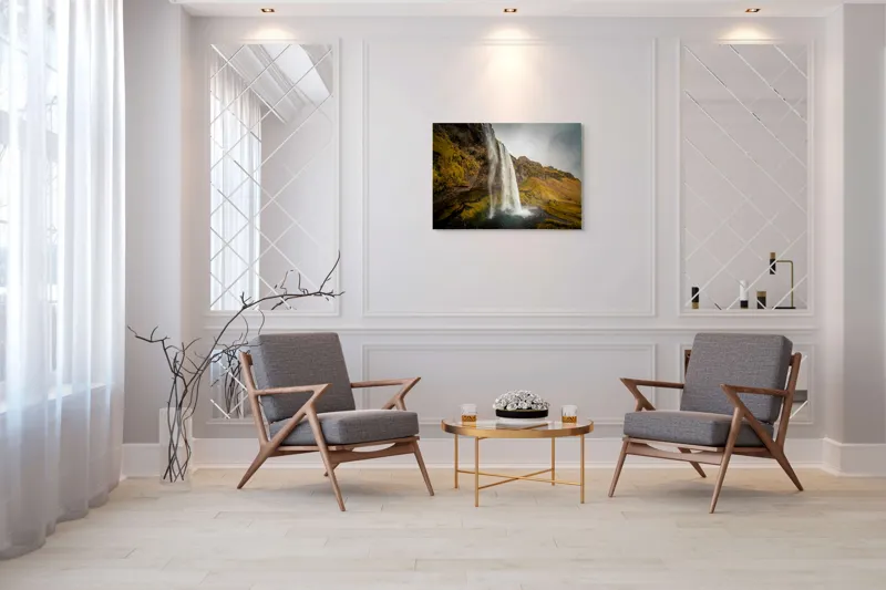 Tablou Canvas, "Cascada tainică din munții verzi", Cascadă, Apă, Roci, Mușchi, Cer, Natură, Inalt., 100 x 70 cm – poza 5