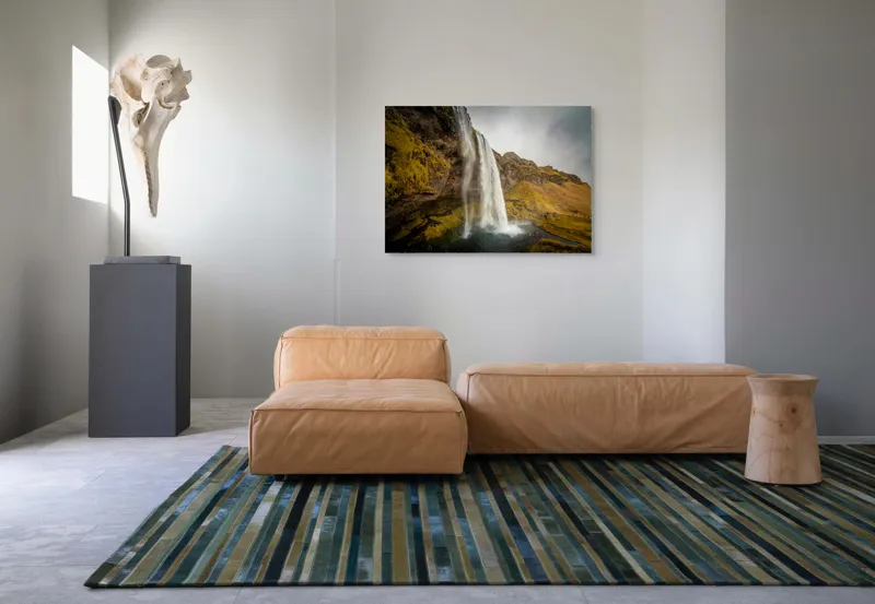 Tablou Canvas, "Cascada tainică din munții verzi", Cascadă, Apă, Roci, Mușchi, Cer, Natură, Inalt., 100 x 70 cm – poza 7