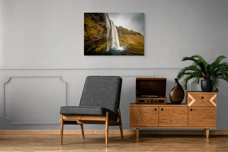 Tablou Canvas, "Cascada tainică din munții verzi", Cascadă, Apă, Roci, Mușchi, Cer, Natură, Inalt., 100 x 70 cm – poza 8