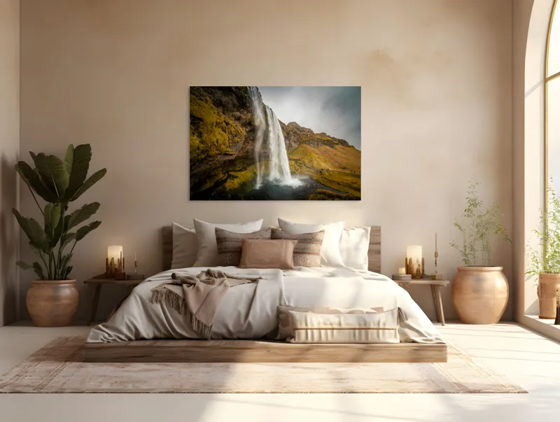 Tablou Canvas, "Cascada tainică din munții verzi", Cascadă, Apă, Roci, Mușchi, Cer, Natură, Inalt., 150 x 100 cm – poza 4