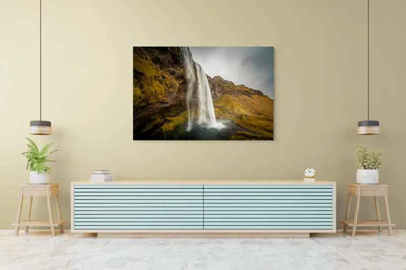 Tablou Canvas, "Cascada tainică din munții verzi", Cascadă, Apă, Roci, Mușchi, Cer, Natură, Inalt., 150 x 100 cm – poza 6
