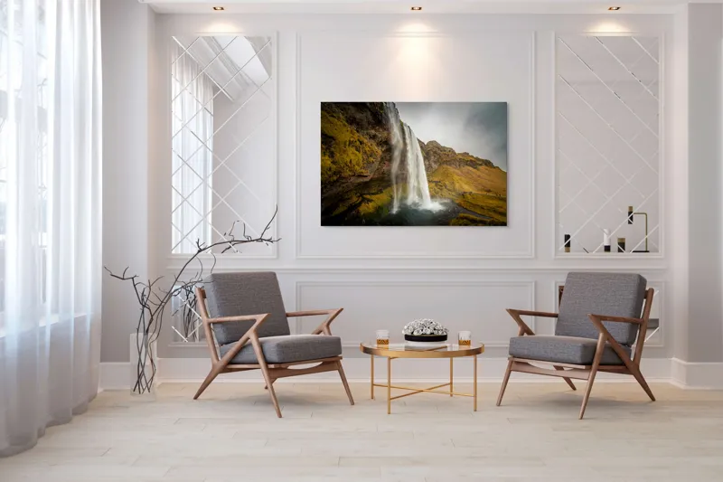 Tablou Canvas, "Cascada tainică din munții verzi", Cascadă, Apă, Roci, Mușchi, Cer, Natură, Inalt., 150 x 100 cm – poza 7