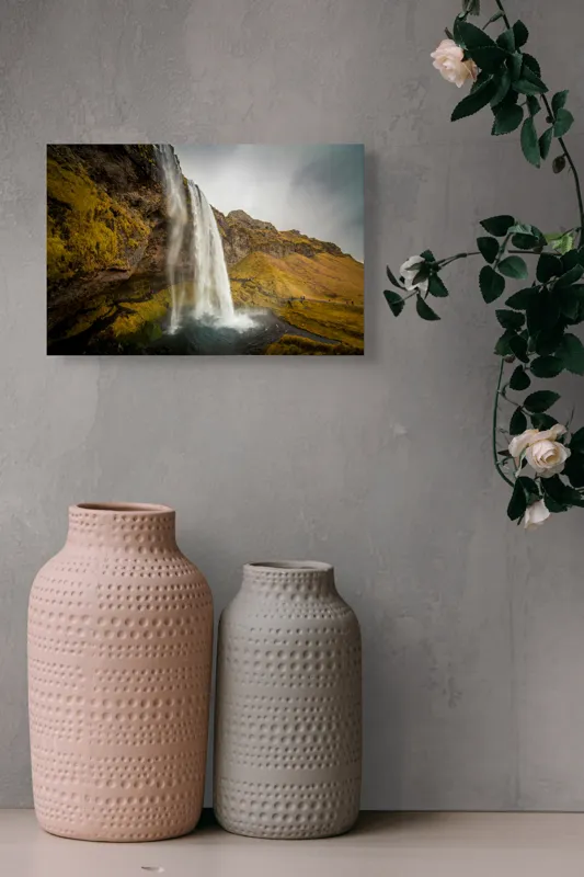 Tablou Canvas, "Cascada tainică din munții verzi", Cascadă, Apă, Roci, Mușchi, Cer, Natură, Inalt., 39 x 26 cm – poza 4