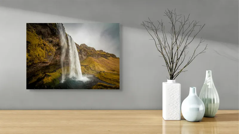 Tablou Canvas, "Cascada tainică din munții verzi", Cascadă, Apă, Roci, Mușchi, Cer, Natură, Inalt., 54 x 39 cm – poza 3