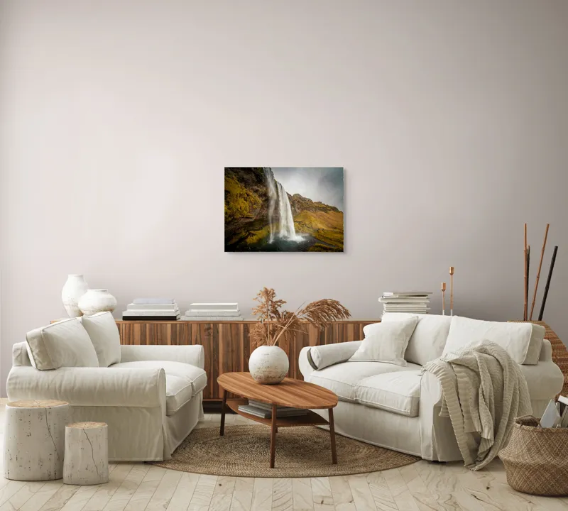 Tablou Canvas, "Cascada tainică din munții verzi", Cascadă, Apă, Roci, Mușchi, Cer, Natură, Inalt., 70 x 50 cm – poza 6
