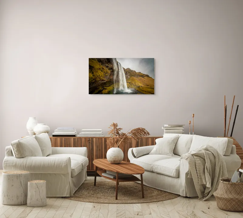 Tablou Canvas, "Cascada tainică din munții verzi", Cascadă, Apă, Roci, Mușchi, Cer, Natură, Inalt., 90 x 50 cm – poza 4