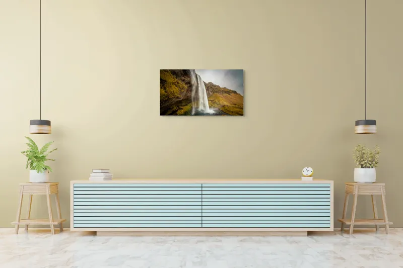 Tablou Canvas, "Cascada tainică din munții verzi", Cascadă, Apă, Roci, Mușchi, Cer, Natură, Inalt., 90 x 50 cm – poza 5