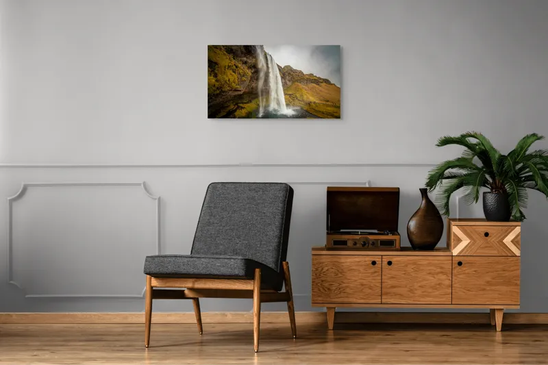Tablou Canvas, "Cascada tainică din munții verzi", Cascadă, Apă, Roci, Mușchi, Cer, Natură, Inalt., 90 x 50 cm – poza 6
