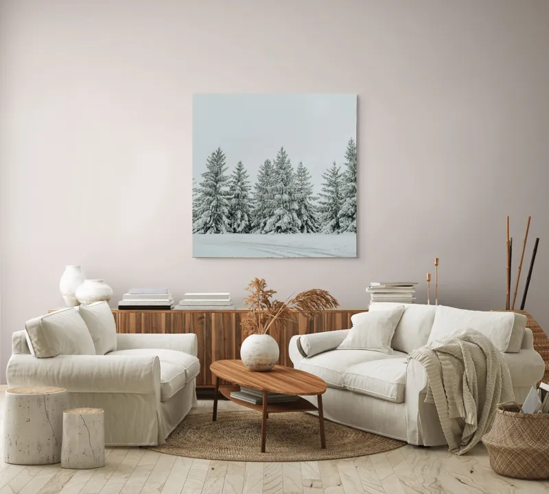 Tablou Canvas, "Iarna în pădurea de brazi ninși", Brazi, Zăpadă, Iarnă, Cer, Calm, Natură, Rece, Alb, Peisaj, Seninătate, 100 x 100 cm – poza 3