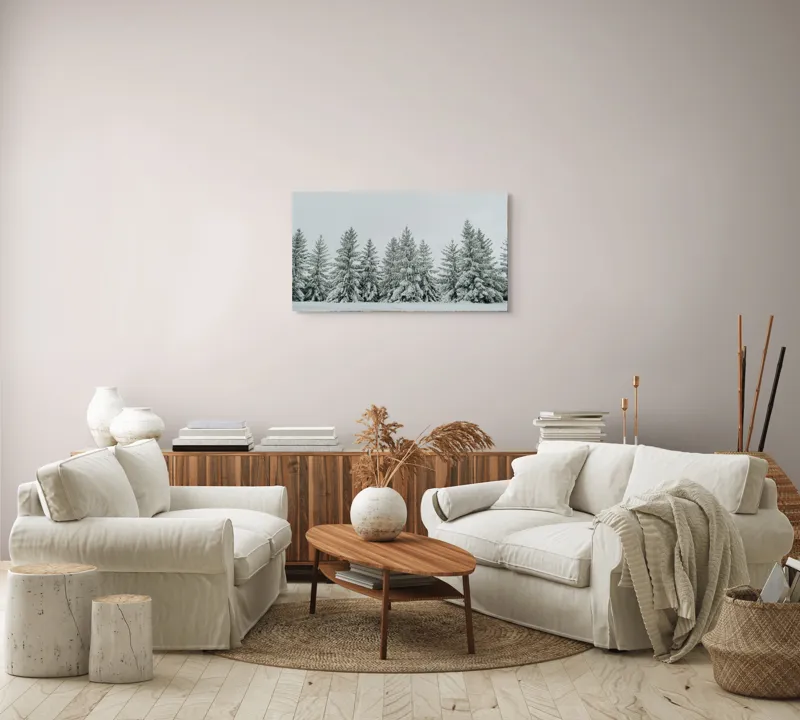 Tablou Canvas, "Iarna în pădurea de brazi ninși", Brazi, Zăpadă, Iarnă, Cer, Calm, Natură, Rece, Alb, Peisaj, Seninătate, 90 x 50 cm – poza 4