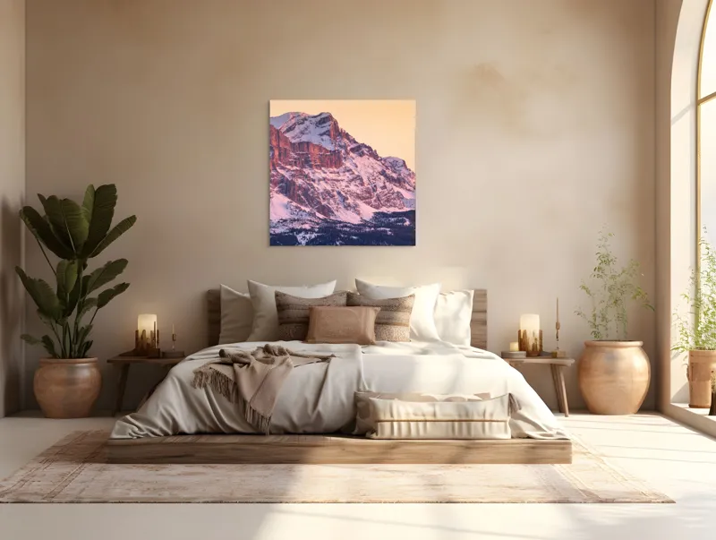 Tablou Canvas, "Aurora peste munții îmbrăcați în zăpadă", Măreție, Strălucire, Răsărit, Vârfuri, Zăpadă, Pădure, Tranquilitate, Grație, 100 x 100 cm – poza 4