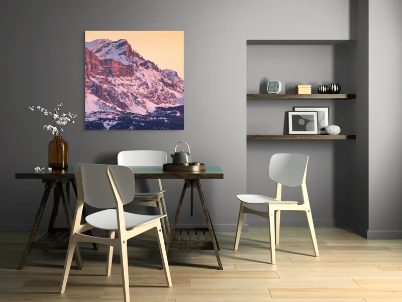 Tablou Canvas, "Aurora peste munții îmbrăcați în zăpadă", Măreție, Strălucire, Răsărit, Vârfuri, Zăpadă, Pădure, Tranquilitate, Grație, 100 x 100 cm – poza 6