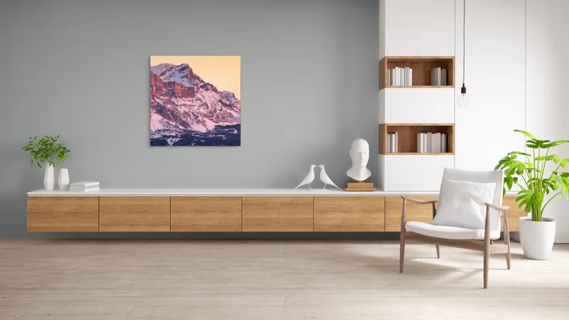 Tablou Canvas, "Aurora peste munții îmbrăcați în zăpadă", Măreție, Strălucire, Răsărit, Vârfuri, Zăpadă, Pădure, Tranquilitate, Grație, 100 x 100 cm – poza 8