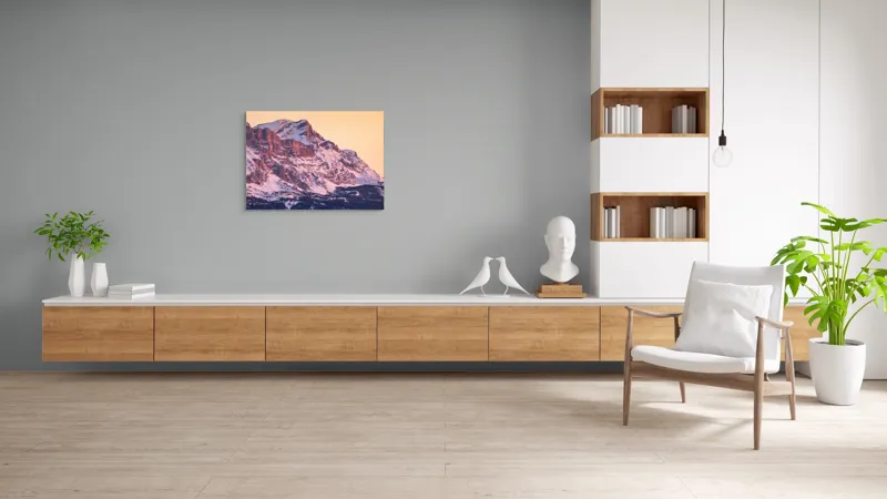 Tablou Canvas, "Aurora peste munții îmbrăcați în zăpadă", Măreție, Strălucire, Răsărit, Vârfuri, Zăpadă, Pădure, Tranquilitate, Grație, 100 x 70 cm – poza 6