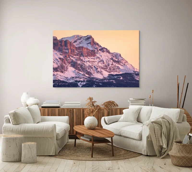 Tablou Canvas, "Aurora peste munții îmbrăcați în zăpadă", Măreție, Strălucire, Răsărit, Vârfuri, Zăpadă, Pădure, Tranquilitate, Grație, 150 x 100 cm – poza 3