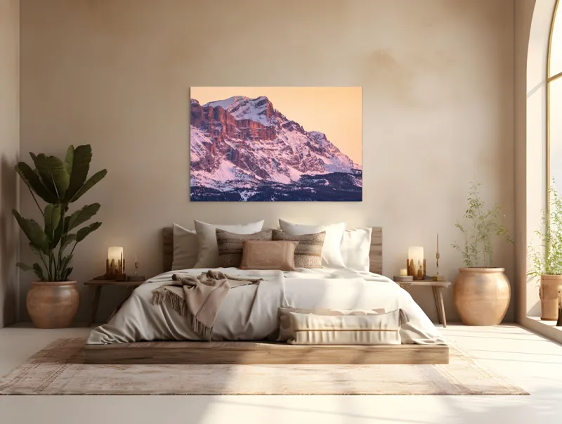 Tablou Canvas, "Aurora peste munții îmbrăcați în zăpadă", Măreție, Strălucire, Răsărit, Vârfuri, Zăpadă, Pădure, Tranquilitate, Grație, 150 x 100 cm – poza 4