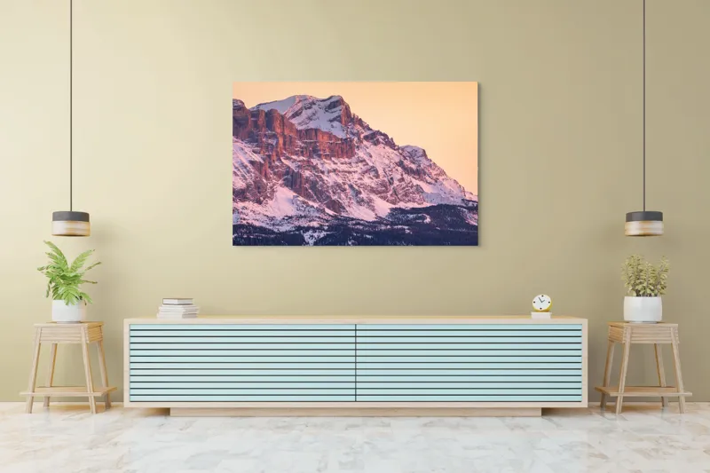 Tablou Canvas, "Aurora peste munții îmbrăcați în zăpadă", Măreție, Strălucire, Răsărit, Vârfuri, Zăpadă, Pădure, Tranquilitate, Grație, 150 x 100 cm – poza 6