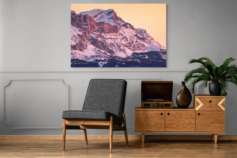 Tablou Canvas, "Aurora peste munții îmbrăcați în zăpadă", Măreție, Strălucire, Răsărit, Vârfuri, Zăpadă, Pădure, Tranquilitate, Grație, 150 x 100 cm – poza 8