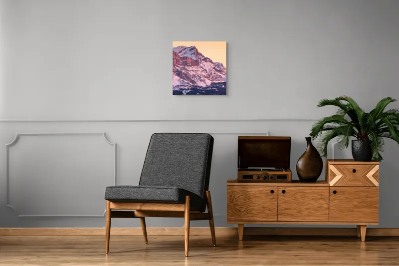 Tablou Canvas, "Aurora peste munții îmbrăcați în zăpadă", Măreție, Strălucire, Răsărit, Vârfuri, Zăpadă, Pădure, Tranquilitate, Grație, 50 x 50 cm – poza 6