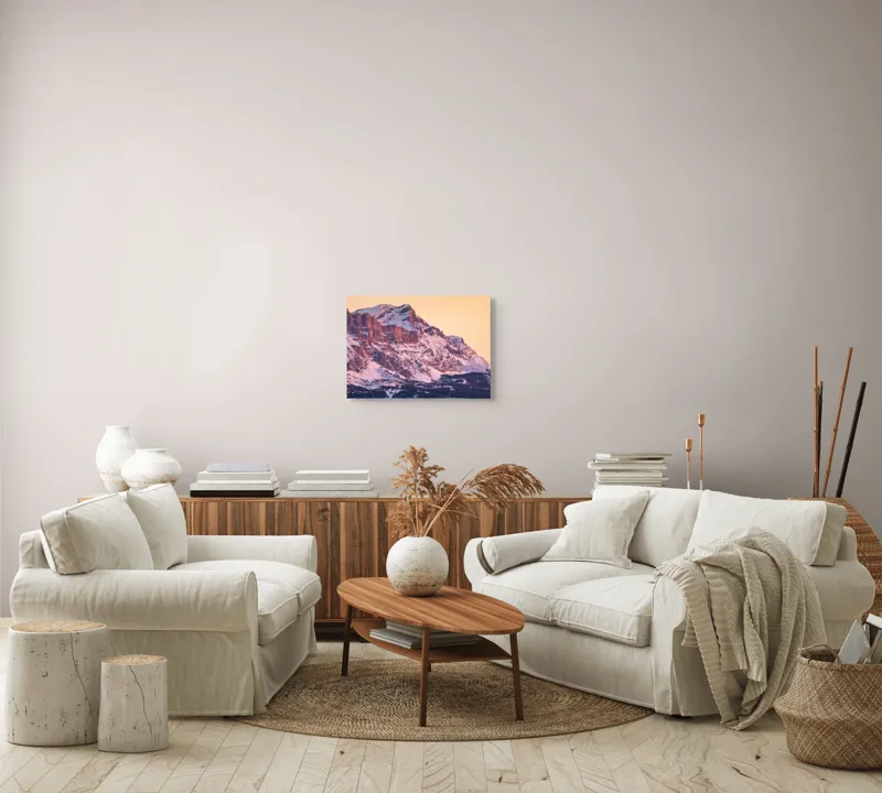 Tablou Canvas, "Aurora peste munții îmbrăcați în zăpadă", Măreție, Strălucire, Răsărit, Vârfuri, Zăpadă, Pădure, Tranquilitate, Grație, 54 x 39 cm – poza 5