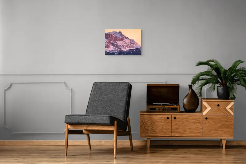 Tablou Canvas, "Aurora peste munții îmbrăcați în zăpadă", Măreție, Strălucire, Răsărit, Vârfuri, Zăpadă, Pădure, Tranquilitate, Grație, 54 x 39 cm – poza 7