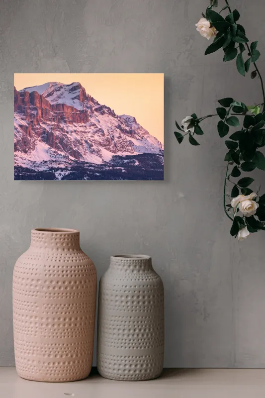 Tablou Canvas, "Aurora peste munții îmbrăcați în zăpadă", Măreție, Strălucire, Răsărit, Vârfuri, Zăpadă, Pădure, Tranquilitate, Grație, 54 x 39 cm – poza 8