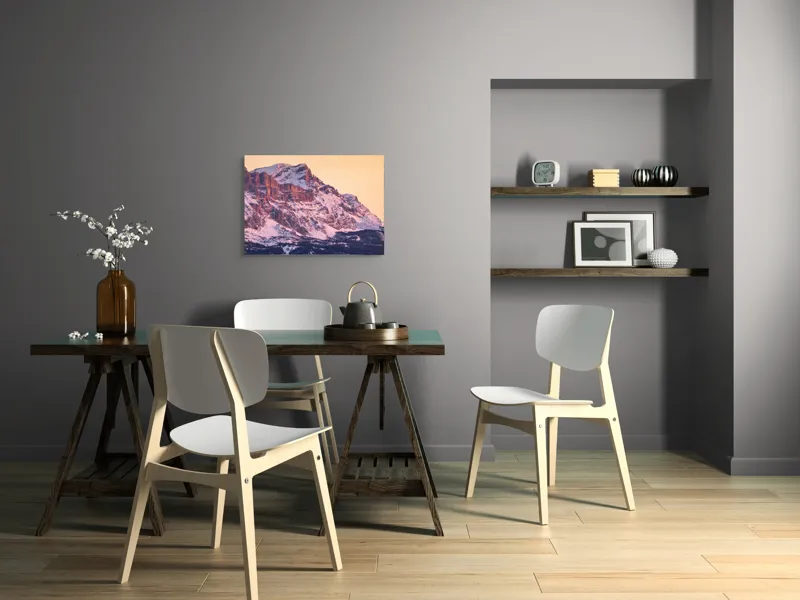 Tablou Canvas, "Aurora peste munții îmbrăcați în zăpadă", Măreție, Strălucire, Răsărit, Vârfuri, Zăpadă, Pădure, Tranquilitate, Grație, 70 x 50 cm – poza 5