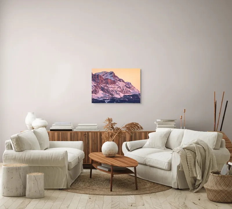 Tablou Canvas, "Aurora peste munții îmbrăcați în zăpadă", Măreție, Strălucire, Răsărit, Vârfuri, Zăpadă, Pădure, Tranquilitate, Grație, 70 x 50 cm – poza 6