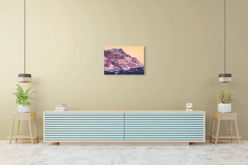 Tablou Canvas, "Aurora peste munții îmbrăcați în zăpadă", Măreție, Strălucire, Răsărit, Vârfuri, Zăpadă, Pădure, Tranquilitate, Grație, 70 x 50 cm – poza 7