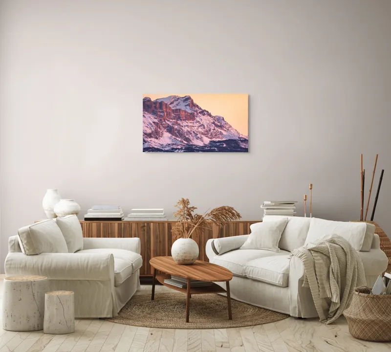 Tablou Canvas, "Aurora peste munții îmbrăcați în zăpadă", Măreție, Strălucire, Răsărit, Vârfuri, Zăpadă, Pădure, Tranquilitate, Grație, 90 x 50 cm – poza 4