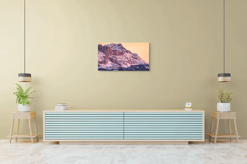 Tablou Canvas, "Aurora peste munții îmbrăcați în zăpadă", Măreție, Strălucire, Răsărit, Vârfuri, Zăpadă, Pădure, Tranquilitate, Grație, 90 x 50 cm – poza 5
