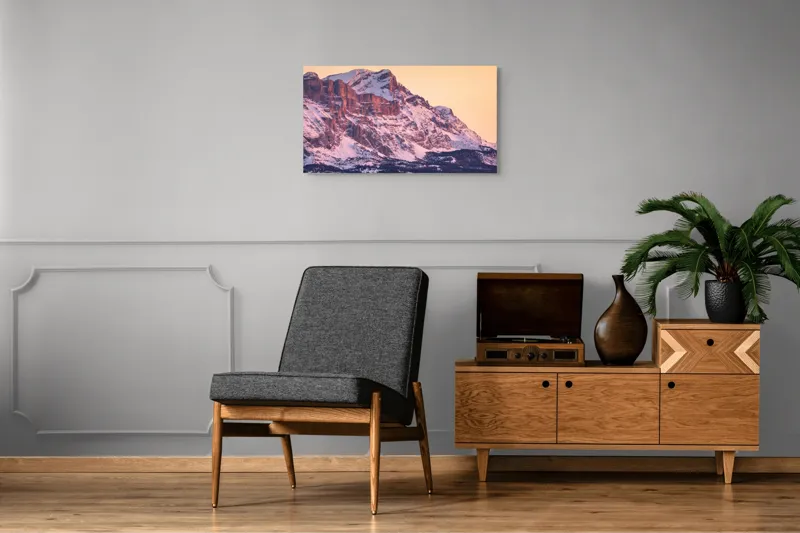 Tablou Canvas, "Aurora peste munții îmbrăcați în zăpadă", Măreție, Strălucire, Răsărit, Vârfuri, Zăpadă, Pădure, Tranquilitate, Grație, 90 x 50 cm – poza 6