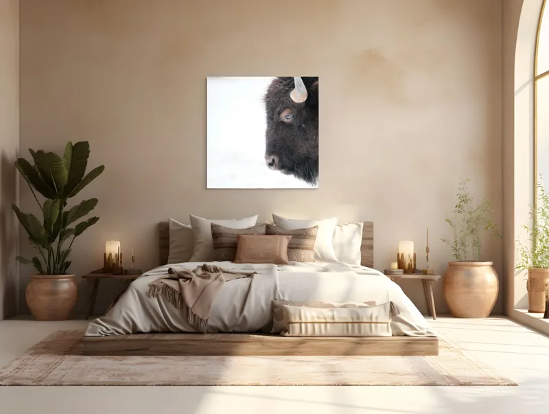 Tablou Canvas, "Bizon în calmul iernii albe", Bizon, Profil, Blană, Coarne, Privire, Natură, Zăpadă, Linii, Contrast, Serenitate, 100 x 100 cm – poza 4