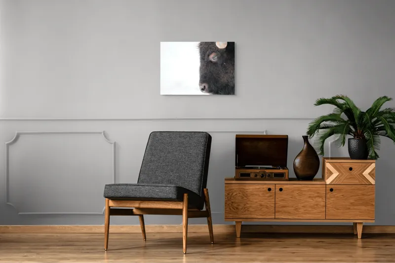 Tablou Canvas, "Bizon în calmul iernii albe", Bizon, Profil, Blană, Coarne, Privire, Natură, Zăpadă, Linii, Contrast, Serenitate, 70 x 50 cm – poza 4