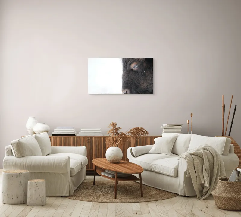 Tablou Canvas, "Bizon în calmul iernii albe", Bizon, Profil, Blană, Coarne, Privire, Natură, Zăpadă, Linii, Contrast, Serenitate, 90 x 50 cm – poza 4