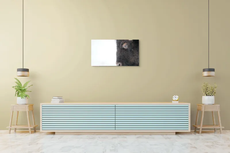 Tablou Canvas, "Bizon în calmul iernii albe", Bizon, Profil, Blană, Coarne, Privire, Natură, Zăpadă, Linii, Contrast, Serenitate, 90 x 50 cm – poza 5