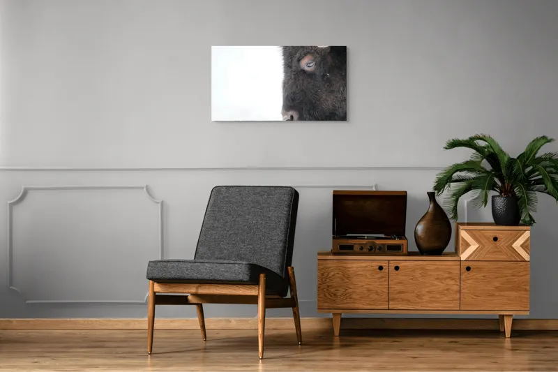 Tablou Canvas, "Bizon în calmul iernii albe", Bizon, Profil, Blană, Coarne, Privire, Natură, Zăpadă, Linii, Contrast, Serenitate, 90 x 50 cm – poza 6