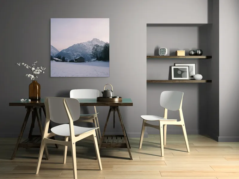 Tablou Canvas, "Căsuța singuratică din munți iarna", Zăpadă, Munți, Cer, Căsuțe, Copaci, Amurg, Serenitate, 100 x 100 cm – poza 6