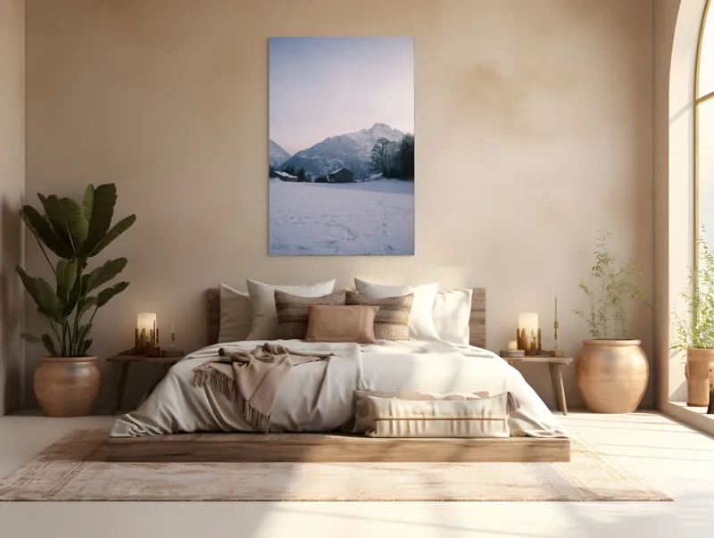 Tablou Canvas, "Căsuța singuratică din munți iarna", Zăpadă, Munți, Cer, Căsuțe, Copaci, Amurg, Serenitate, 100 x 150 cm – poza 3