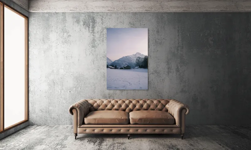 Tablou Canvas, "Căsuța singuratică din munți iarna", Zăpadă, Munți, Cer, Căsuțe, Copaci, Amurg, Serenitate, 100 x 150 cm – poza 6