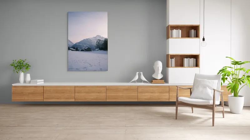 Tablou Canvas, "Căsuța singuratică din munți iarna", Zăpadă, Munți, Cer, Căsuțe, Copaci, Amurg, Serenitate, 100 x 150 cm – poza 8