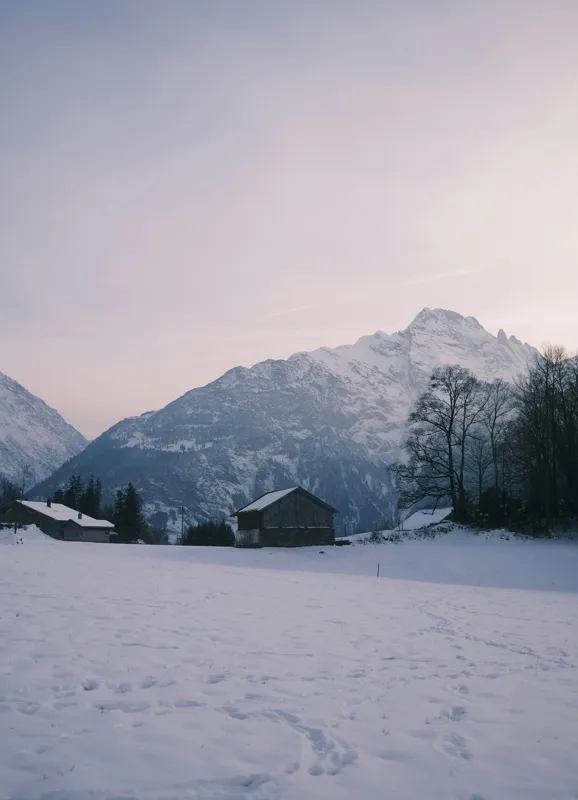 Tablou Canvas, "Căsuța singuratică din munți iarna", Zăpadă, Munți, Cer, Căsuțe, Copaci, Amurg, Serenitate, 39 x 54 cm – poza 2