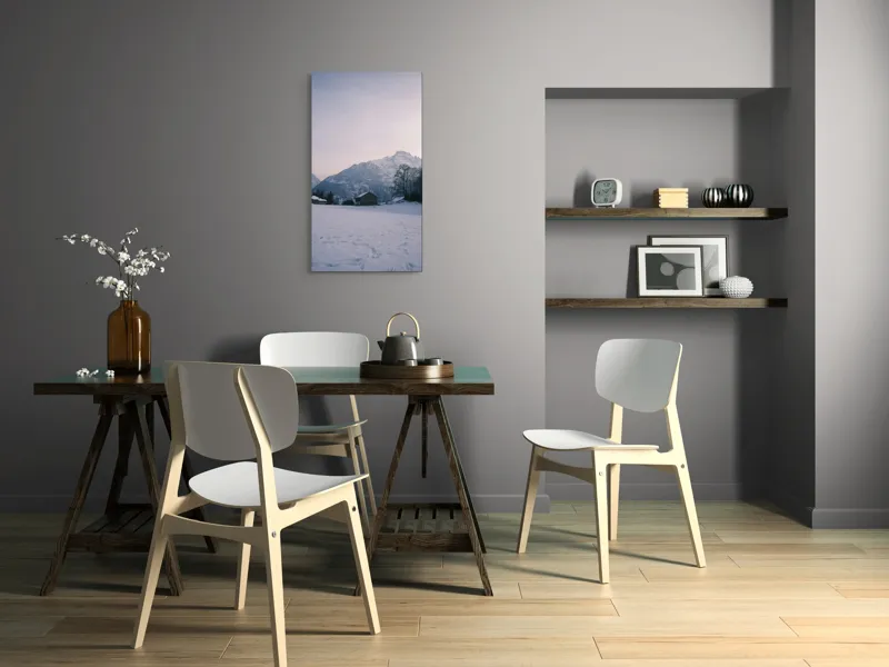 Tablou Canvas, "Căsuța singuratică din munți iarna", Zăpadă, Munți, Cer, Căsuțe, Copaci, Amurg, Serenitate, 50 x 90 cm – poza 4
