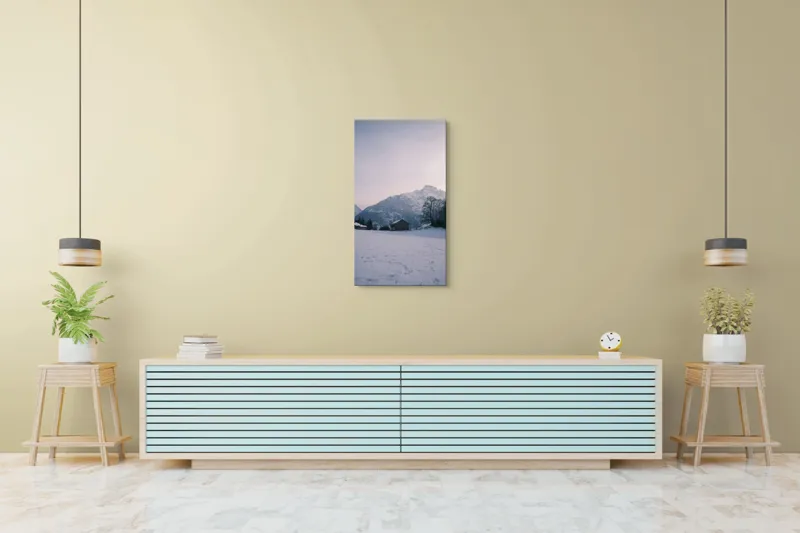 Tablou Canvas, "Căsuța singuratică din munți iarna", Zăpadă, Munți, Cer, Căsuțe, Copaci, Amurg, Serenitate, 50 x 90 cm – poza 6