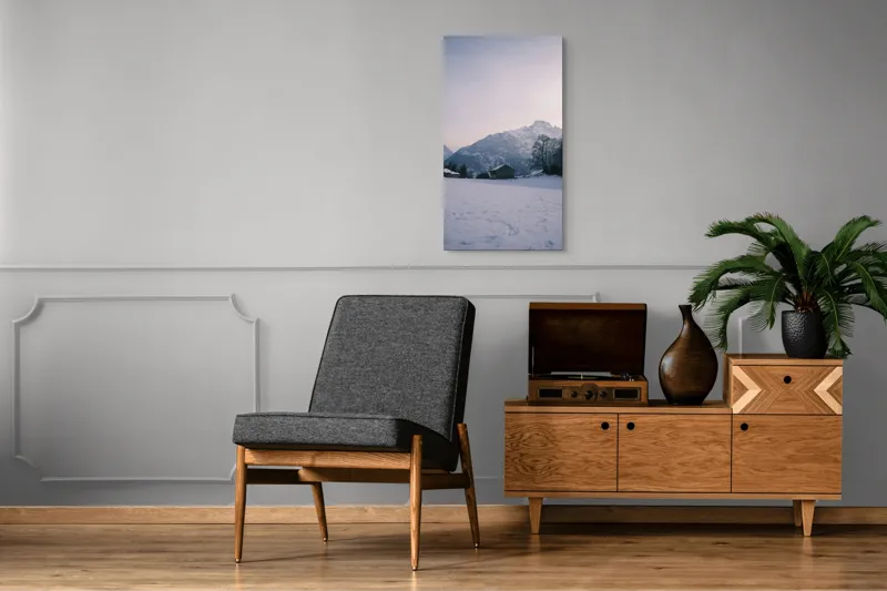 Tablou Canvas, "Căsuța singuratică din munți iarna", Zăpadă, Munți, Cer, Căsuțe, Copaci, Amurg, Serenitate, 50 x 90 cm – poza 8