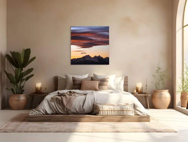 Tablou Canvas, "Apus de soare peste munți înzăpeziți", Cer, Nori, Apus, Montan, Siluetă, Dramatic, Lumină, Pitoresc, 100 x 100 cm – poza 4