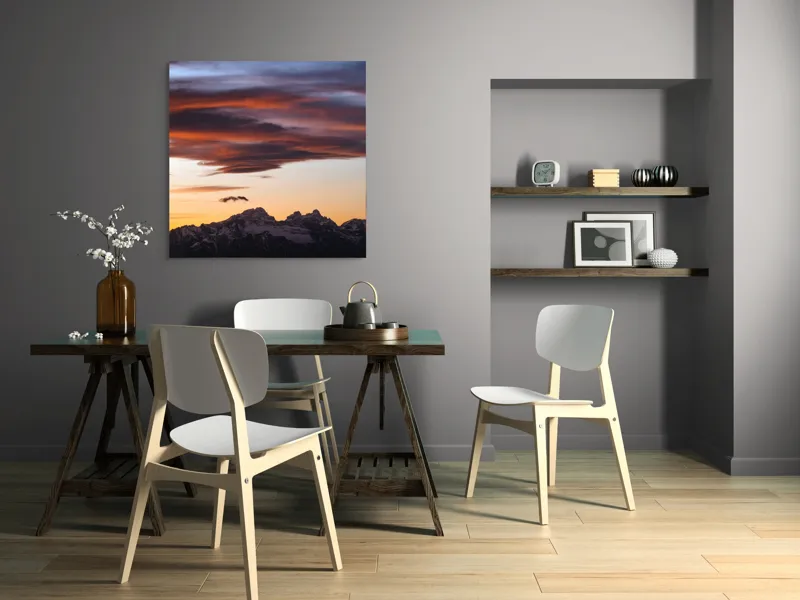 Tablou Canvas, "Apus de soare peste munți înzăpeziți", Cer, Nori, Apus, Montan, Siluetă, Dramatic, Lumină, Pitoresc, 100 x 100 cm – poza 6