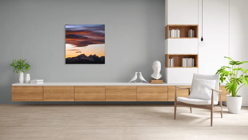 Tablou Canvas, "Apus de soare peste munți înzăpeziți", Cer, Nori, Apus, Montan, Siluetă, Dramatic, Lumină, Pitoresc, 100 x 100 cm – poza 8