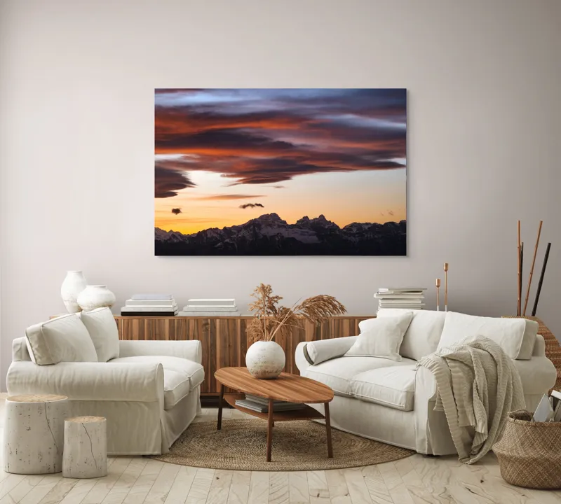 Tablou Canvas, "Apus de soare peste munți înzăpeziți", Cer, Nori, Apus, Montan, Siluetă, Dramatic, Lumină, Pitoresc, 150 x 100 cm – poza 3