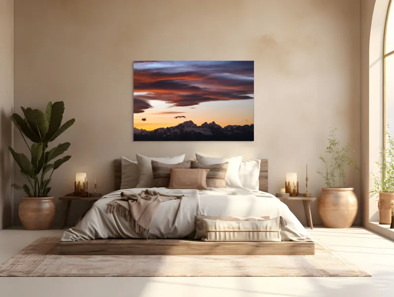 Tablou Canvas, "Apus de soare peste munți înzăpeziți", Cer, Nori, Apus, Montan, Siluetă, Dramatic, Lumină, Pitoresc, 150 x 100 cm – poza 4